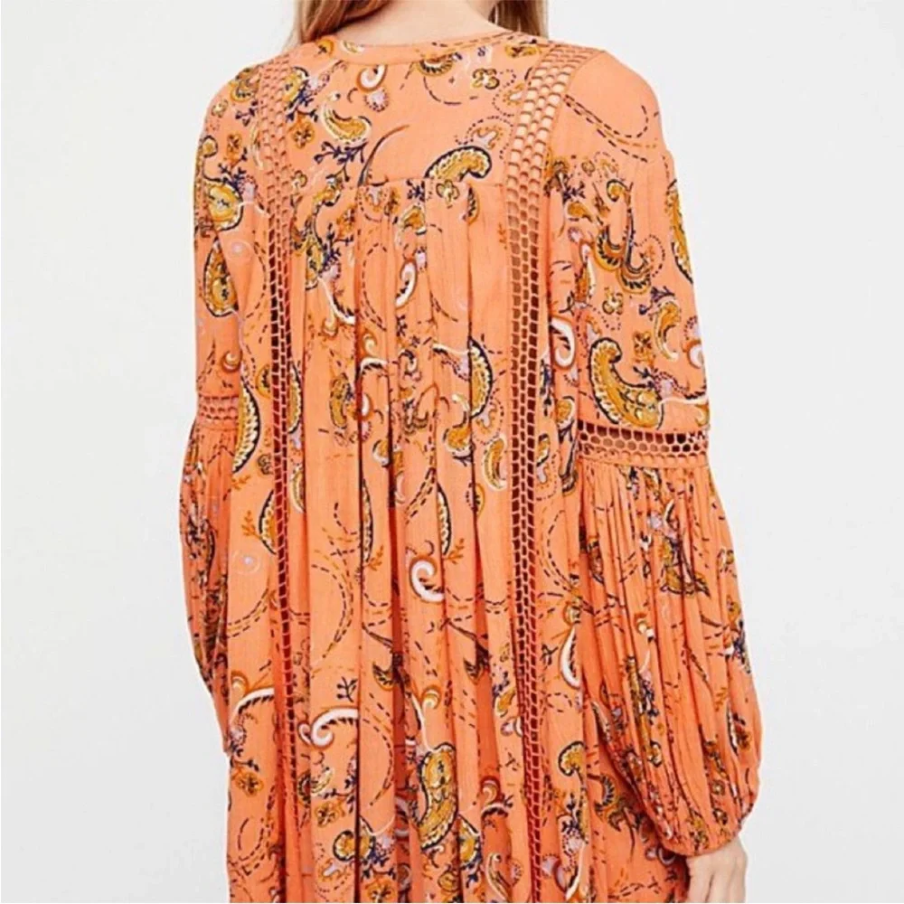 Free People *Flaw Tunic Mini Just The Two Of Us Paisley Orange XS Boho Whimsical